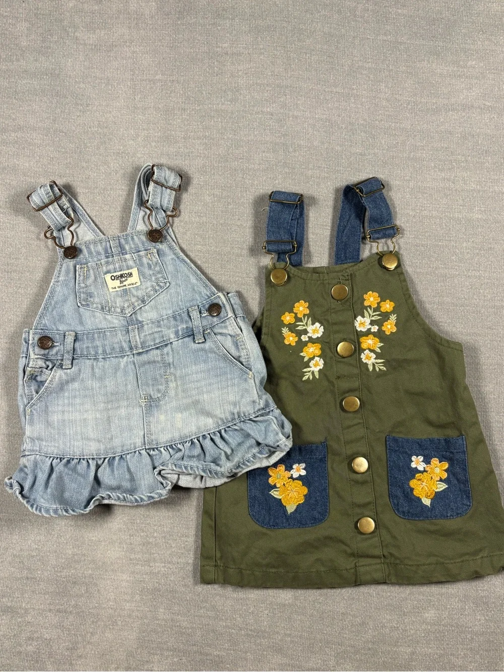 OshKosh B'gosh Two-Piece Girls Overalls Set - Light Blue Denim & Olive Green